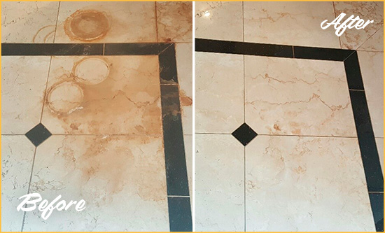 Before and After Picture of a Marble Floor Restored to Remove Rust Stains