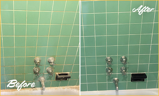 Picture of a Green Tile Bathroom with Damaged Caulking Before and After Picture a Tub Recaulking on the Tub Joints