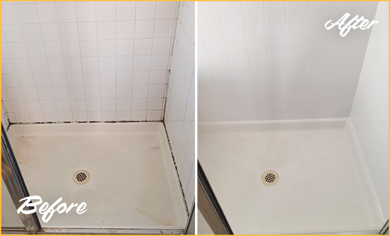 Before and After Picture of a Shower Caulking on the Wall Joints