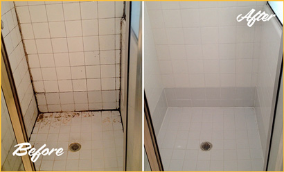 Before and After Picture of a shower with Moldy Tile and Grout 