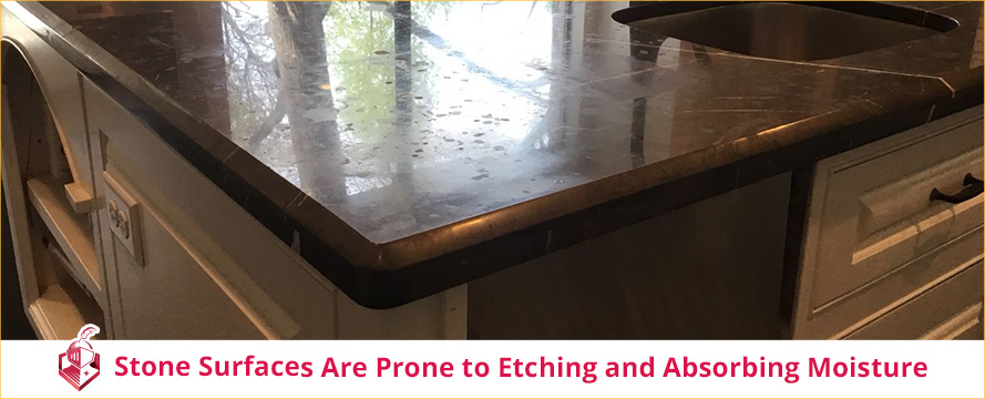 Stone Countertop With Etch Marks and Moisture Stains As Stone Is Prone To Damage and Deterioration