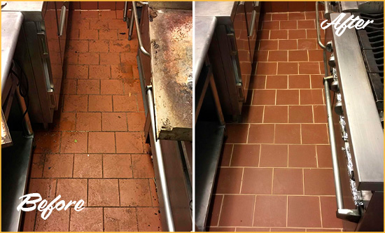 Before and After Picture of a Clemmons Restaurant Kitchen Tile and Grout Cleaned to Eliminate Dirt and Grease Build-Up