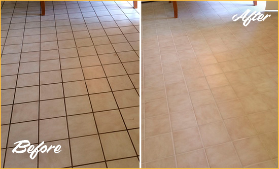 Before and After Picture of a Advance Kitchen Tile and Grout Cleaned to Remove Embedded Dirt
