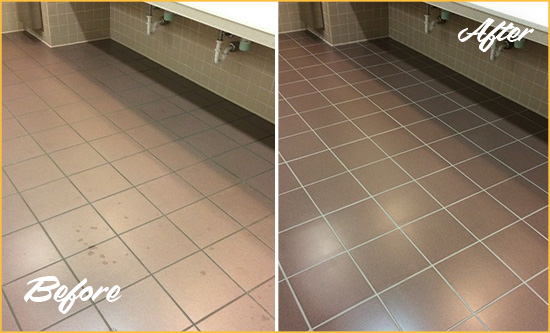 Before and After Picture of a Clemmons Restrooms Tile and Grout Cleaned to Remove Embedded Dirt