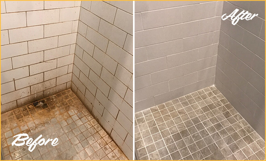 Before and After Picture of a Mooresville Shower Tile and Grout Cleaned to Eliminate Mold and Stains