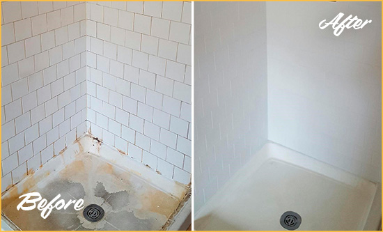 Before and After Picture of a Sherrills Ford Shower Tile and Grout Cleaned to Remove Soap Scum