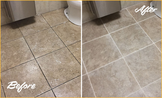 Before and After Picture of a Cooleemee Restroom Tile and Grout Cleaned to Remove Soil