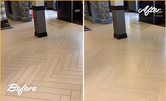 Before and After Picture of a East Spencer Office Floor Tile and Grout Cleaned to Remove Stains