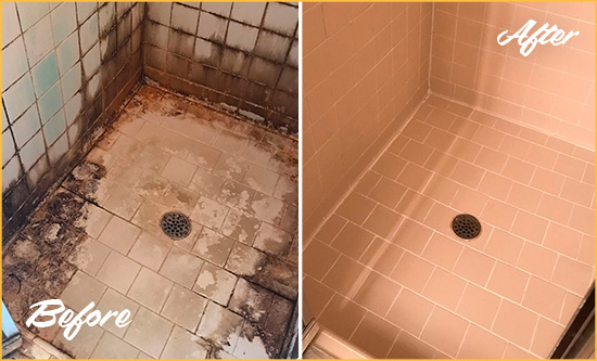 Before and After Picture of a Concord Shower Tile and Grout Cleaned to Repair Water Damage