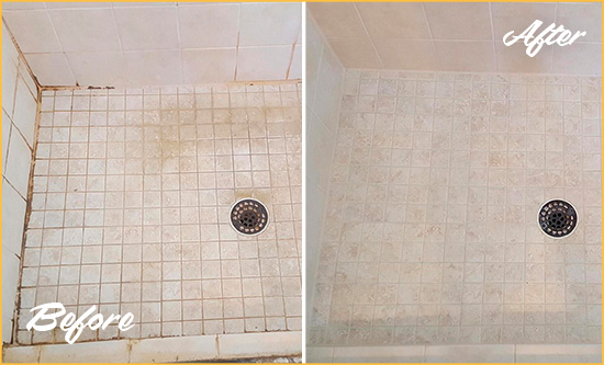 Before and After Picture of a China Grove Shower Caulked to Fix Cracks
