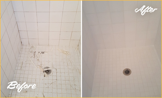 Before and After Picture of a Salisbury Bathroom Re-Caulked To Repair Damaged Caulking