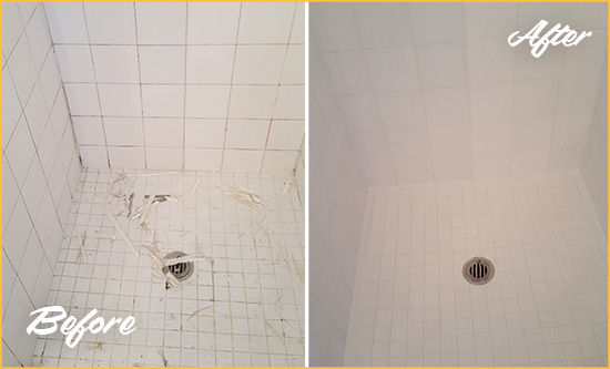 Before and After Picture of a Mocksville Bathroom Re-Caulked To Repair Damaged Caulking