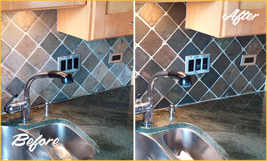 Before and After Picture of a Mocksville Backsplash Caulked to Fix and Prevent Water Leaks