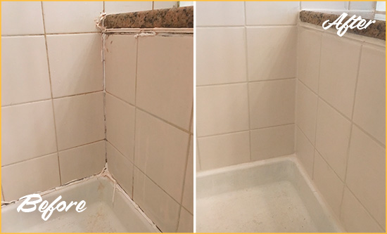 Before and After Picture of a Barium Springs Shower Caulked to Repair Damaged Caulking