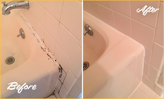 Before and After Picture of a Mount Mourne Bathroom Sink Caulked to Fix a DIY Proyect Gone Wrong