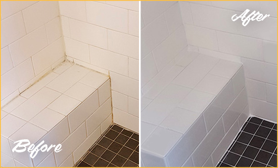 Before and After Picture of a Landis Shower Seat Caulked to Protect Against Mold and Mildew Growth