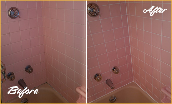 Before and After Picture of a Lewisville Bathtub Caulked to Eliminate Mold