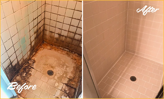 Before and After Picture of a Sherrills Ford Shower Caulked to Fix and Prevent Water Damage