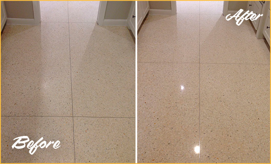 Before and After Picture of a Scotts Granite Stone Floor Polished to Repair Dullness