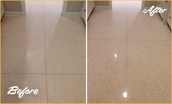 Before and After Picture of a Woodleaf Granite Stone Floor Polished to Repair Dullness