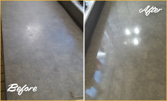 Before and After Picture of a Dull Bethania Limestone Countertop Polished to Recover Its Color