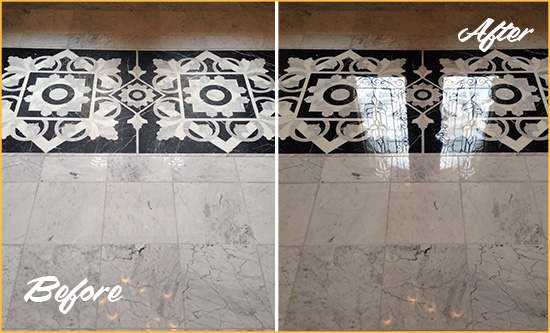 Before and After Picture of a Woodleaf Marble Stone Floor Polished to a Mirror Shine