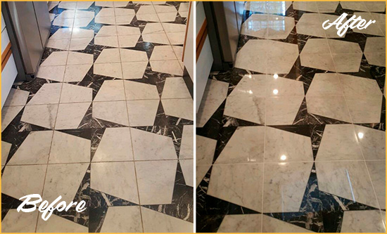 Before and After Picture of a Dull Sherrills Ford Marble Stone Floor Polished To Recover Its Luster