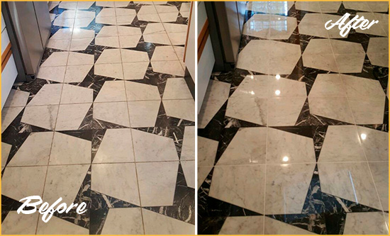 Before and After Picture of a Dull Troutman Marble Stone Floor Polished To Recover Its Luster