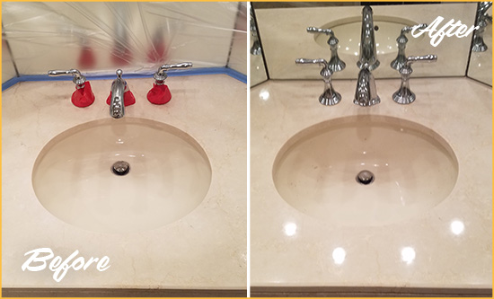 Before and After Picture of a Dull Scotts Marble Stone Vanity Top Polished to Bring-Back Its Sheen