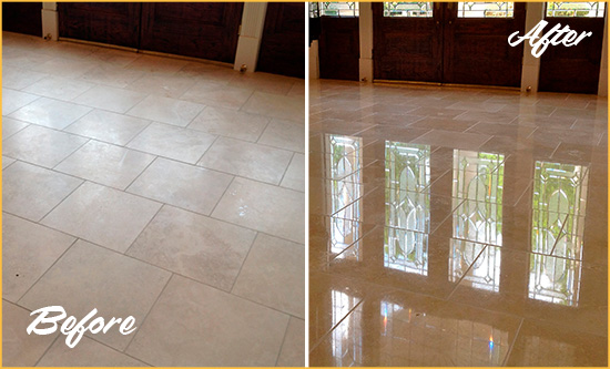 Before and After Picture of a Dull China Grove Travertine Stone Floor Polished to Recover Its Gloss