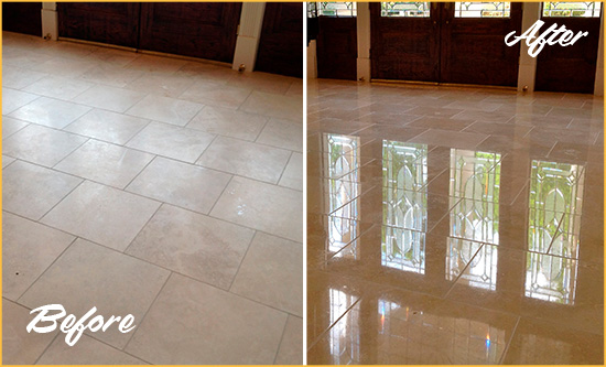 Before and After Picture of a Dull Barium Springs Travertine Stone Floor Polished to Recover Its Gloss