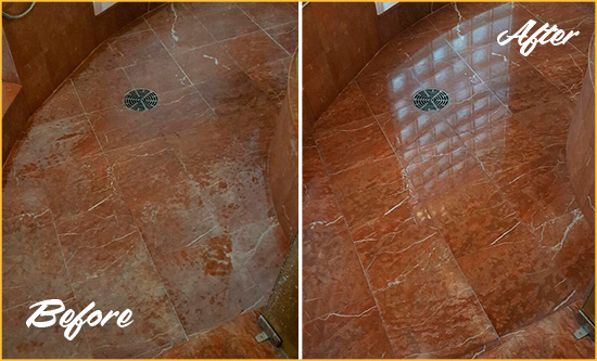 Before and After Picture of a Concord Marble Stone Shower Polished to Eliminate Mineral Deposits