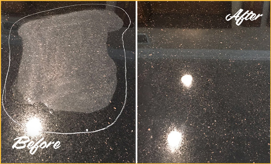 Before and After Picture of a Spencer Granite Stone Countertop Polished to Remove Scratches