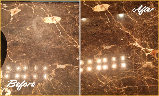 Before and After Picture of a Scotts Marble Stone Countertop Polished to Eliminate Stains