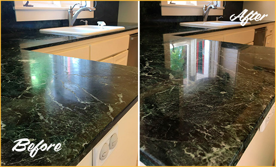 Before and After Picture of a Troutman Marble Stone Counter Polished to Eliminate Water Marks