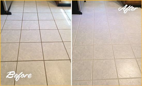 Before and After Picture of a Sherrills Ford Kitchen Ceramic Floor Sealed to Protect From Dirt and Spills