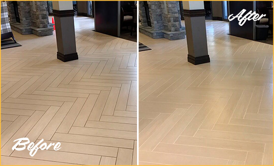 Before and After Picture of a Dirty Woodleaf Ceramic Office Lobby Sealed For Extra Protection Against Heavy Foot Traffic