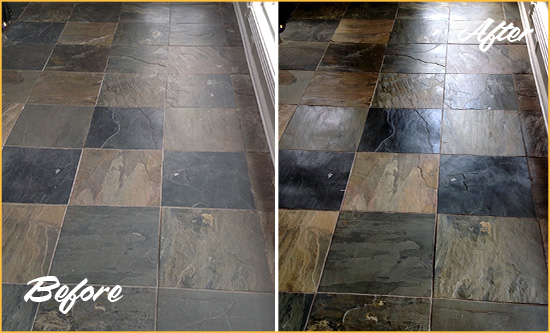 Before and After Picture of a Dull Scotts Slate Floor Sealed to Bring Back Its Colors