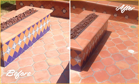 Before and After Picture of a Dull Scotts Terracotta Patio Floor Sealed For UV Protection
