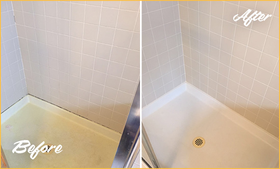 Before and After Picture of a Catawba Shower Sealed to Remove and Protect Against Mold