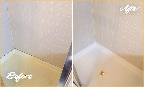 Before and After Picture of a Spencer Shower Sealed to Remove and Protect Against Mold