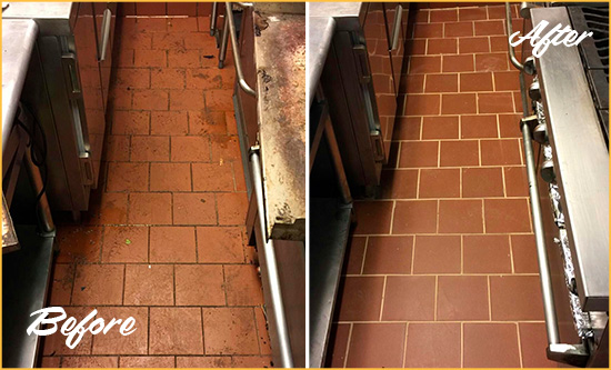 Before and After Picture of a Mount Ulla Restaurant Kitchen Floor Sealed to Remove Soil