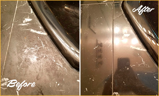 Before and After Picture of a Scotts Marble Countertop Cleaned to Remove Deep Dirt