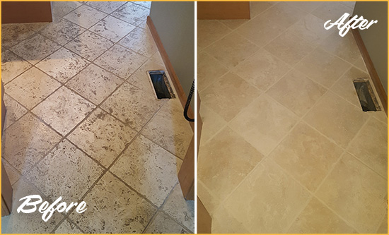 Before and After Picture of a Mount Mourne Kitchen Marble Floor Cleaned to Remove Embedded Dirt