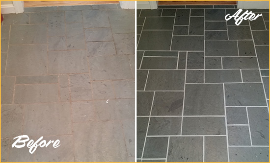 Before and After Picture of a Scotts Slate Floor Cleaned to Remove Deep-Seated Dirt