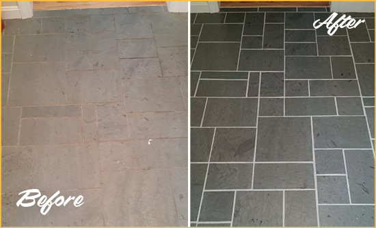 Before and After Picture of a Sherrills Ford Slate Floor Cleaned to Remove Deep-Seated Dirt