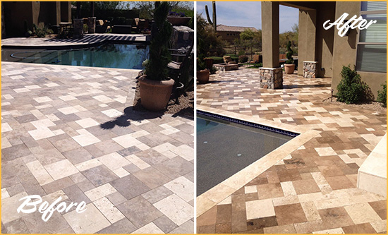 Before and After Picture of a Dull Scotts Travertine Pool Deck Cleaned to Recover Its Original Colors