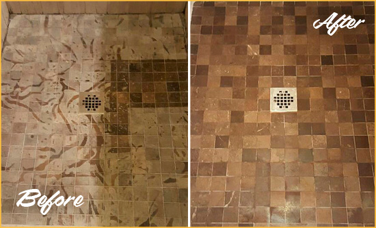 Before and After Picture of a Stained Spencer Marble Shower Floor Cleaned to Remove Etching