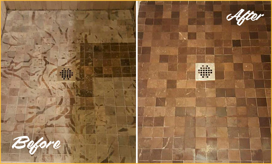 Before and After Picture of a Stained Statesville Marble Shower Floor Cleaned to Remove Etching