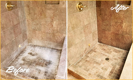 Before and After Picture of a Woodleaf Travertine Shower Cleaned to Eliminate Water Spots